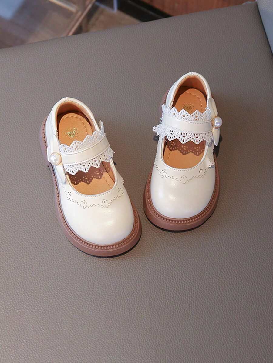 1 双女童碎花边、仿珍珠和蝴蝶结扣、平底儿童鞋、优雅可爱、耐磨防滑、透气，适合日常休闲外出和娱乐 - 米色 - 查看 1