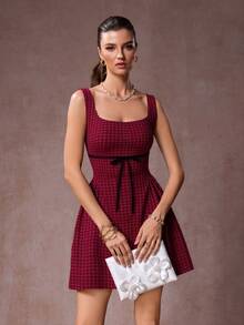 女式纯色宽肩带前系带雪尼尔圈形针织收腰 A 字形短裙，优雅无袖高品质粗花呢吊带裙，适合春夏休闲装、办公室工作装 - 酒紅色 - 查看 9