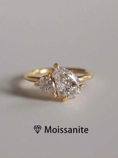 1pc Women's Quality Pear-Cut Double Stone 925 Sterling Silver Ring, 2ct Pear Moissanite, Minimalist French Design Jewelry, Wedding/Anniversary Gift, Includes Moissanite Certificate And Deluxe Gift Box