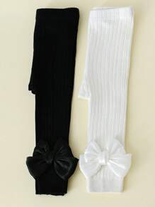 2 Packs Cotton Girls Satin Bow Detail Cropped Leggings