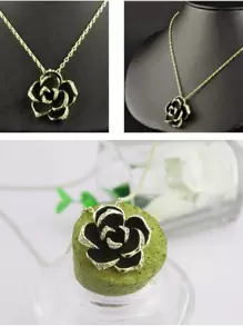 3pcs Set Elegant Black Rose Flower Earrings Necklace Jewelry Set For Women, Perfect For Wedding, Party And Bridal - Yellow Gold - View 4