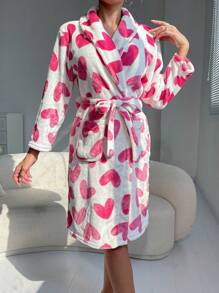 1 pieza Bata de baño para mujer, estilo simple de la UE y EE. UU. con mangas largas, estampado de corazón rosa, otoño/primavera, Navidad, forro polar cálido de terciopelo de coral, adecuado para estudiantes, estilo coreano de verano, decoración de vacaciones para el hogar y el baño, de vuelta a la escuela