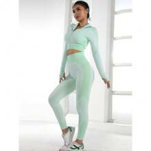 Three-Piece Set Women's Patchwork Zip Up Tracksuit, Jogging Suit, Thumb Hole Design Crop Yoga Jacket & High Waist Leggings & Wireless Sports Bra Set, Valentine's Day Gift, Jogging Suit, Ladies Sportswear, Valentine's Day Gift For Girl - Salmon Orange - View 4