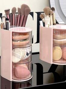 1pc Multifunctional Rotating Makeup Organizer, Dustproof Tabletop Storage Box For Makeup Brushes, Makeup Sponge, Lipsticks, Eyebrow Pencils