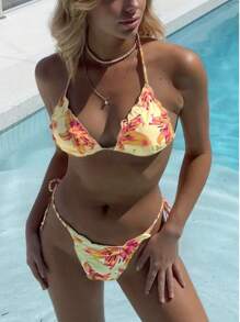 2025 Kobiety Kwiatowy Wzór Halter Ruffle Bikini Set, Tkanina Poliestrowa, Seksowny Dwuczęściowy Strój Kąpielowy Na Plażę, Resort, Przyjęcie Przy Basenie