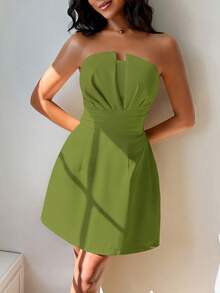 Đầm quây không dây vai xếp ly thanh lịch, gợi cảm dành cho nữ, màu trơn - màu xanh lá - Xem 5