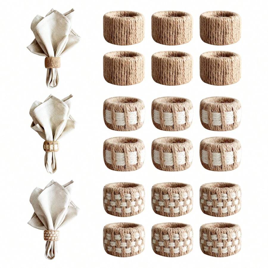 6pcs/Set 3.5x4.5in (9x12cm) Jute Woven Napkin Rings, Country Style Thickened Cylindrical Napkin Holders, For Dining Table Decor, Housewarming Gift