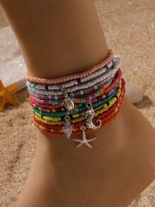 13pcs Boho Ocean Theme Vintage Handmade Beaded Turtle, Seahorse, Seashell, Starfish Fashion Anklet Set,Suitable For Women Beach Vacation, Party, Casual, Daily Wear