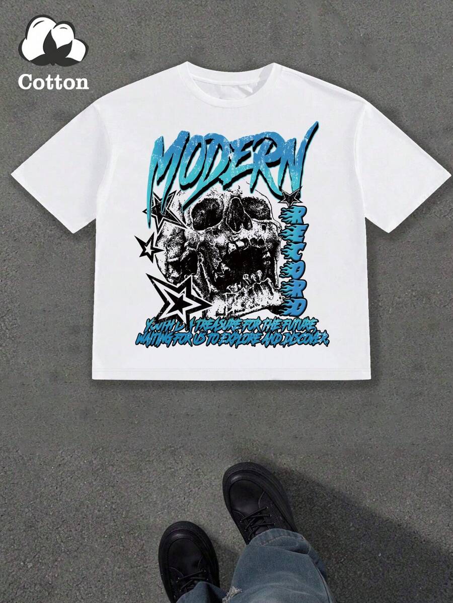 Lässiges Herren-T-Shirt mit lockerer Passform und Totenkopf- und Buchstaben Muster, Rundhalsausschnitt, kurzärmelig, Streetwear-Stil - Weiss - Übersicht 1
