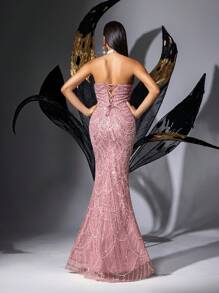 LUVISTRUE 优雅亮片正式礼服，女士派对礼服，适合毕业典礼、鸡尾酒会、红毯、生日、舞会、颁奖典礼等场合 - 露背美人鱼长裙 - 粉色 - 查看 3