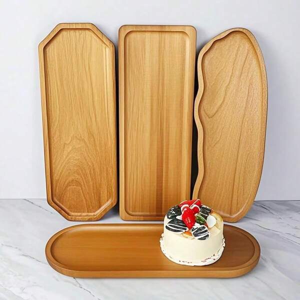 1pc Natural Wooden Tray, Multi-Shape Fruit/Snack/Dessert Serving Platter, Washable Food Plate, Decorative Cheese Board, Coffee/Tea Cup Holder, Creative Bread Serving Tray, Suitable For Home, Kitchen, Dining, Room Decor, Holiday Gift