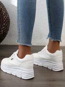 女式新款厚底厚底运动鞋，休闲皮革运动跑步鞋，秋季 - 白色 - 查看 9