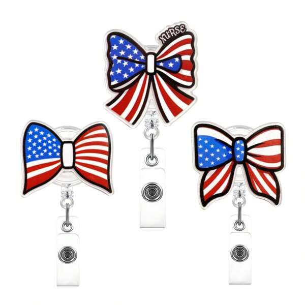 TONAVIETO 1PC Patriotic Bow Badge Reel, Cute Retractable Nurse Badge Holder Clip For RN CNA Medical Workers,School Supplies,Back To School