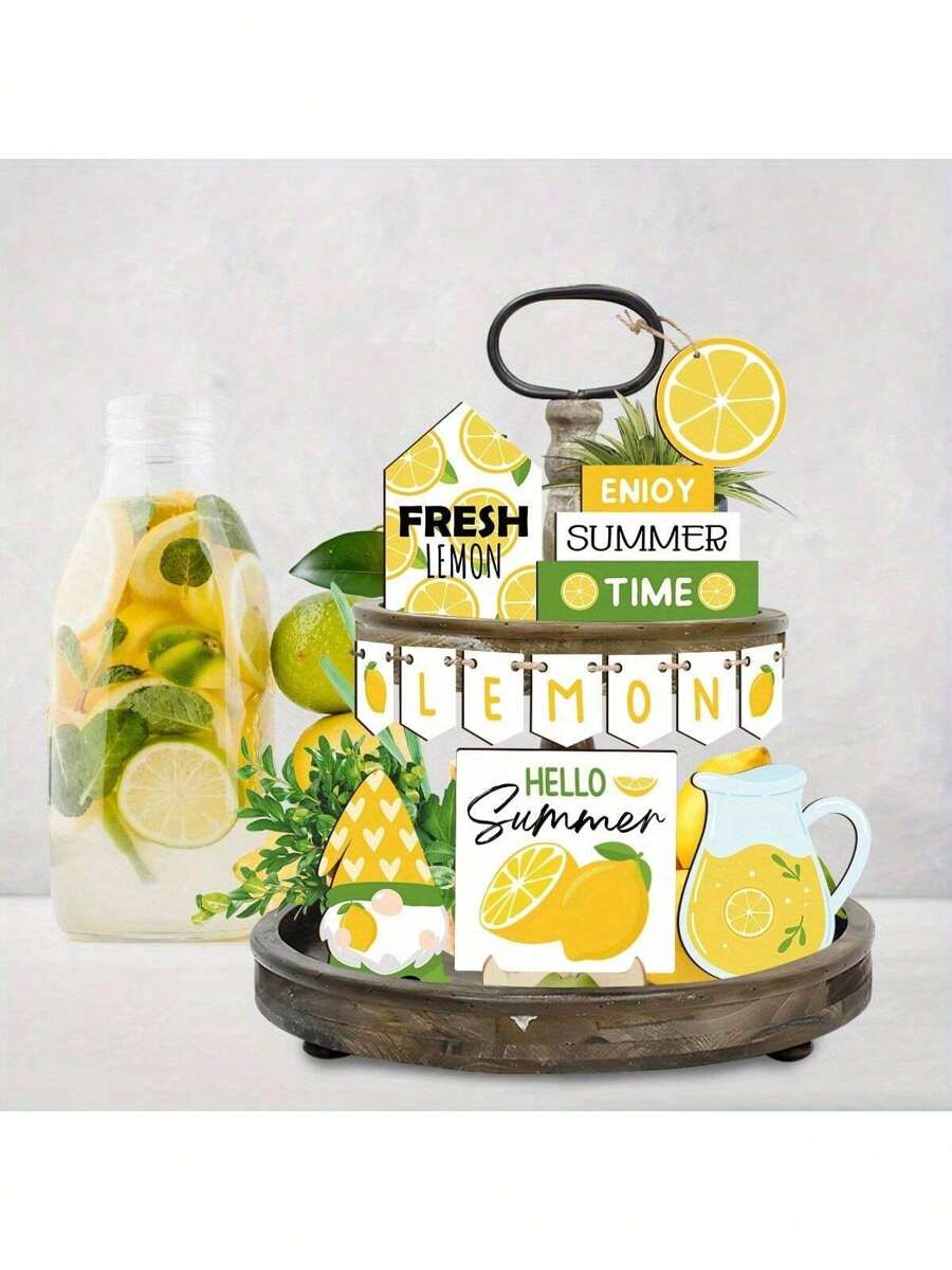 1 套夏季分层托盘装饰标志套装，农舍装饰木制节日派对装饰柠檬海滩主题装饰木质标志用于家居装饰夏季家居装饰装饰标志牌匾（柠檬风格）
