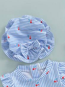Traje de baño de manga larga con estampado de rayas y animales marinos para niña con protección contra erupciones y sombrero para el sol. - Azul - Ver 3