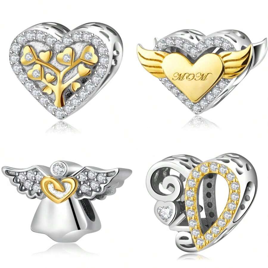 妈妈爱天使的翅膀和生命之树锆石 S925 纯银串珠手链 DIY 配件，母亲节系列珠子