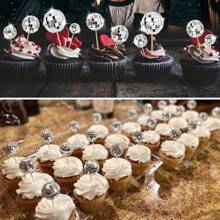 12/24 PCS, Disco Ball Cupcake Toppers, Silver Small Mirror Ball Cake Toppers Reflective Mini Cake Decorations For 70s Disco Theme Dance Party Supplies,
