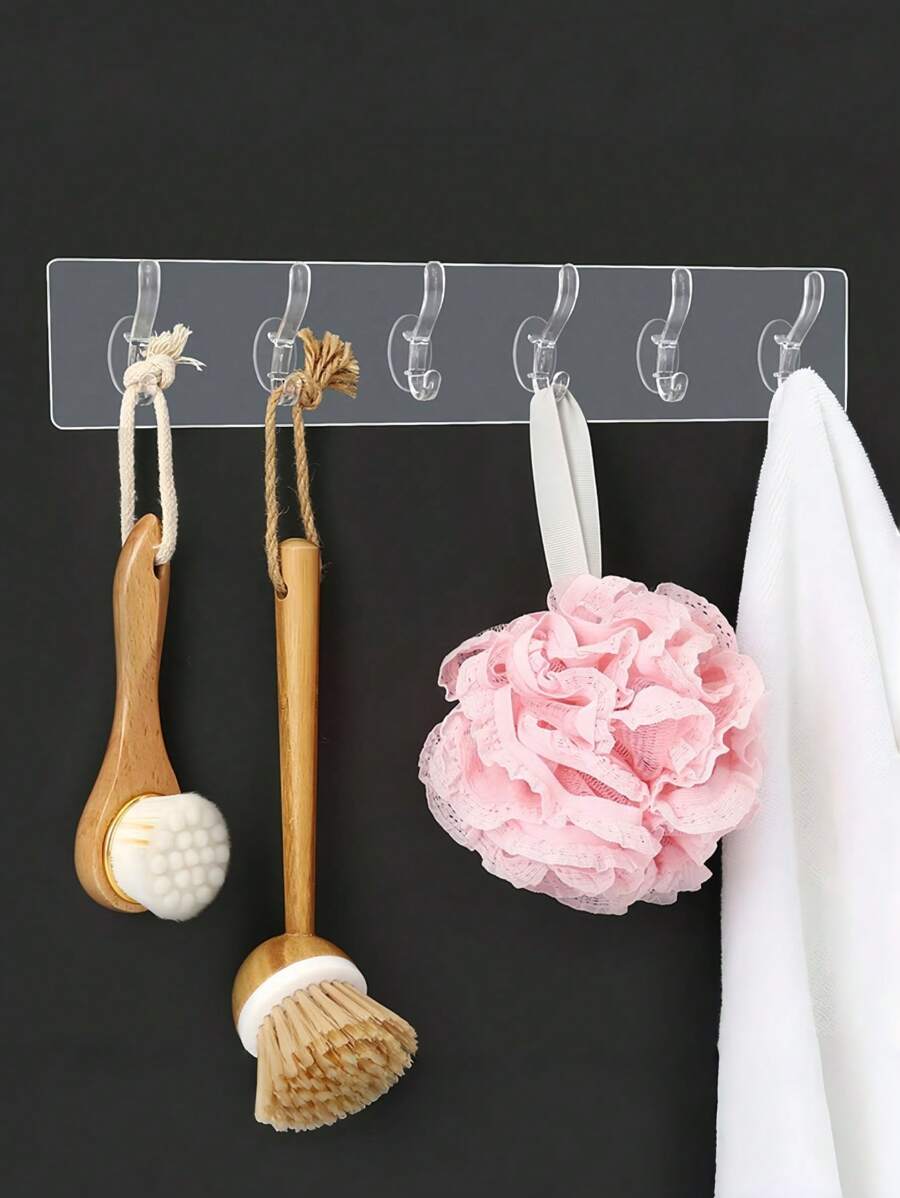6pcs Self-Adhesive Bathroom Waterproof Damage-Free Hooks, Crystal Towel Hanger Trimmed To Size No-Drill