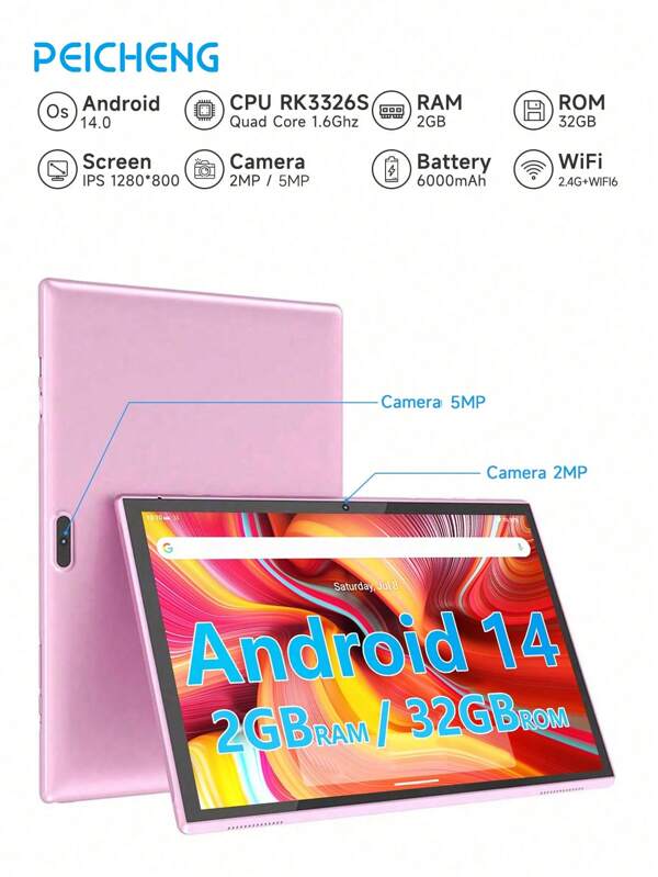Tablette Android 14 de 10,1 pouces PEICHENG ZB10, RK3326S quadricœur 1,6 GHz/2 Go de RAM 32 Go de ROM/2,4G WiFi+WiFi 6/BT 5.2/écran tactile FHD IPS/caméra double 2 MP+5 MP/Type-C/capteur G/6000 mAh/prend en charge l'extension de carte SD 1 To (sans adaptateur)