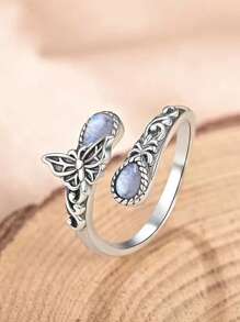 1 件波西米亚风格复古蜻蜓月光石可调节开口戒指，适合女性日常佩戴和礼物 - 復古銀色 - 查看 13