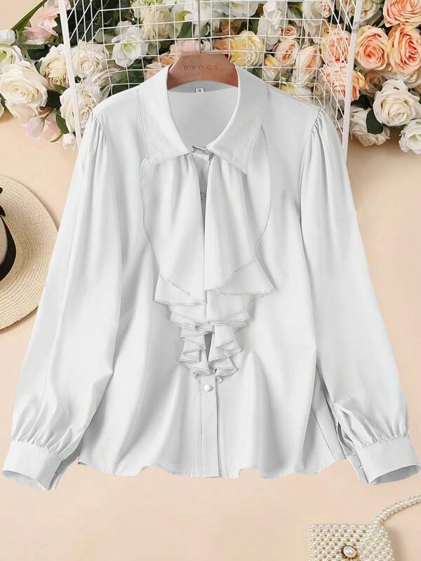Women's Casual Solid Color Ruffle Trim Loose Blouse
