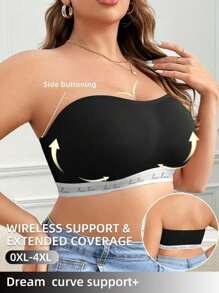 侧扣大码女士文胸、字母印花和纯色胸罩简约无钢圈内衣 - 黑色 - 查看 4