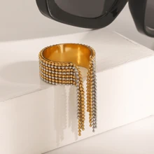 时尚不锈钢串珠流苏开口戒指，18K 金 INS 风格优雅戒指，可调节尺寸，百搭女士戒指