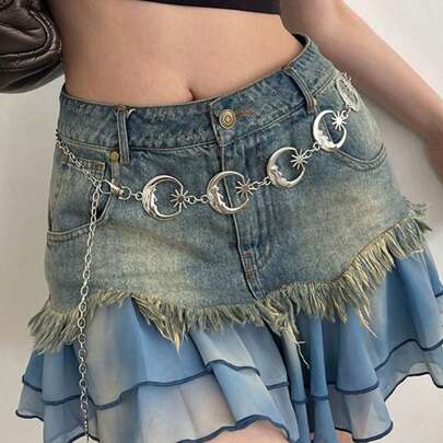 1pc Women's Metallic Waist Chain, Versatile Moon Decor Waist Belt, Multi-Layer Metal Cinch Waist Belt, Decorative Belt For Dresses Summer, School Fall, Autumn, Halloween