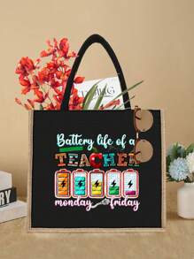 2 Pieces Teacher Appreciation Gift Set - Large Capacity Fashion Tote Bag With "Teacher" Print, Black Linen Coin Purse, Cosmetic Bag, Lining, And No Closure - Perfect For Educators And School Staff, Teacher's Thank-You Gift, Stylish Casual Accessories For Outings, Vacations, Daily Commute, Thank You Teacher Gifts - Black - View 13