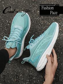 Zapatillas deportivas con suela gruesa y amortiguación, estilo casual de uso diario con bloques de color, rayas, malla transpirable y cordones delanteros, para primavera/verano