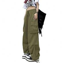 Women Parachute Drawstring Pockets Cargo Pantalones Casual Loose Fit Baggy Pants  Y2k Clothing - 軍綠色 - 查看 3