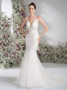 Fish Tail Big V-Back Wedding Dress Shoulder Strap Design Style Wedding Dress Lawn Wedding Outdoor Wedding Dress Bow Belt Design Wedding Dress Lace Style Wedding Dress,Bride
