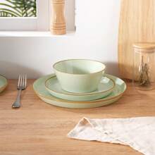 Famiware Saturn Dinnerware Sets, Plates And Bowls Sets For 4, 12 Pieces Stoneware Dish Set - Chip And Scratch Resistant, Microwave And Dishwasher Safe Tableware Set, Light Green With Brown Rim