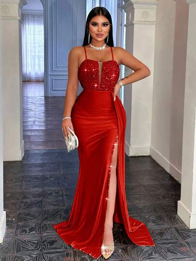 CHOSMO High School Back Zip Up Backless Sequin Spliced Maxi High Waist And Side Slit Ribbon Slim Fit Elegant Evening Dress Women's Prom Dress