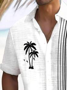 Men's Casual Coconut Tree Striped Print Button Pocket Short Sleeve Shirt - White - View 4