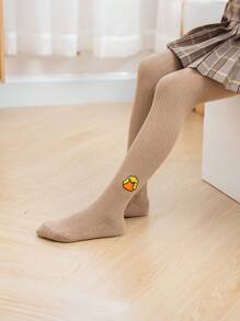 1pc Girls Cartoon Embroidered Duck Print Comfortable Leggings, Daily Match With Skirts, Suitable For Spring & Autumn - Khaki - View 2