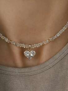 Fashion Vintage Sexy Zirconia Heart Pendant Necklace For Women Wedding Season Boho Geometric Baroque Transparent Crystal Chain Jewelry - Multicolor - View 4