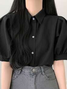 Summer Casual Solid Color Loose Puff Sleeve Shirt