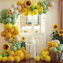 132 件向日葵气球花环拱门套装，包含黄色、白色、绿色乳胶气球和 2 个大号向日葵形铝膜气球，适用于生日派对装饰、向日葵主题派对装饰、母亲节派对装饰 - 彩色 - 查看 1