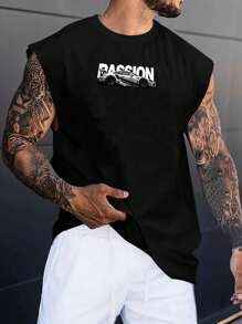 Lonblece 男士摩托车图案印花无袖背心，运动元素，适合日常休闲穿着，春夏 - 黑色 - 查看 2