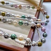 1pc Double-Layer Twisted Retro Mixed Bright Crystal & Faux Pearl Necklace, Fashionable Choker Necklace For Women, Suitable For Daily Matching, Mother's Day Gift - Picture Color - View 4