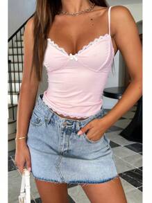 Women Spaghetti Strap Camisoles Summer Crop Tops Lace Trim V-Neck Sleeveless Backless Tank Tops Summer Vests Beachwear - 粉色 - 查看 1