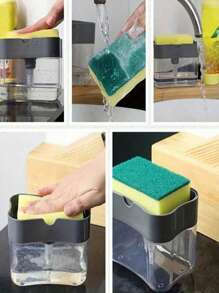 1 Pieza Dispensador de jabón portátil con set de esponja, caja de detergente de cocina con presión, dispensador automático de líquido para lavavajillas, jabón, dispensador creativo con bloque de presión y estante para esponja, adecuado para cocina y baño
