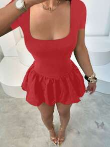 Women's Casual Daily Simple Versatile Square Neck Short Sleeve Pleated Basic Slim Fit Mini Dress For All Four Seasons (Spring, Summer, Autumn And Winter) - Red - View 3