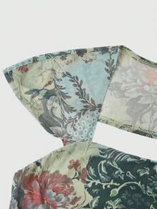 女式波西米亚风中长连衣裙秋季新品，休闲网眼 A 字形荷叶边下摆性感约会夜出圆领紧身裙 - 綠色 - 查看 4