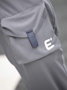 1pc Men's Gray Outdoor Drawstring Waist Cargo Pants, Boyfriend Style Sporty Casual Hiking Tapered Leg Trousers