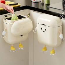 1 Pc Large Capacity Square White Plastic Cute Cartoon Hanging Trash Can - Wall Mounted With Lid, No Drilling Required, Includes Space-Saving Hook, Ideal For Kitchen And Bathroom Organization - Milky White - View 4
