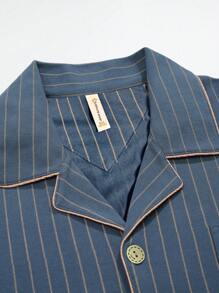 2 件套男士吸湿排汗短袖和长裤睡衣套装，夏季 - 藏蓝色 - 查看 4