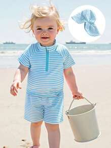 Boys' 3-Piece Rash Guard Swim Set  UPF 50+ Quick-Dry Swim Top + Trunks + Cap  Striped Beachwear 0-4 Years - Blue - View 6