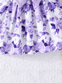 2 件套连衣裙，带泡泡袖、蝴蝶结装饰、花卉图案和头巾、节日派对时尚、春夏 - 紫色 - 查看 7